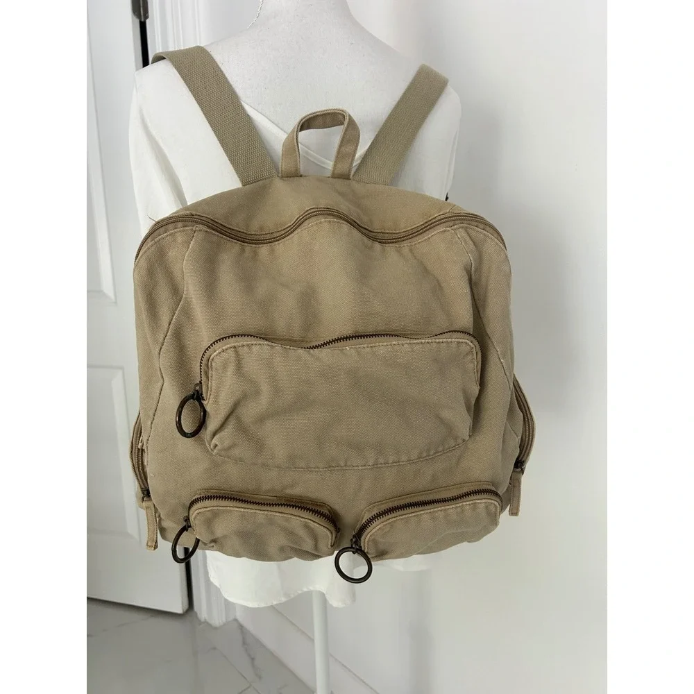 Khaki Canvas Multi Pocket Utility Backpack Ring Pull Zippers Tan Travel Bag